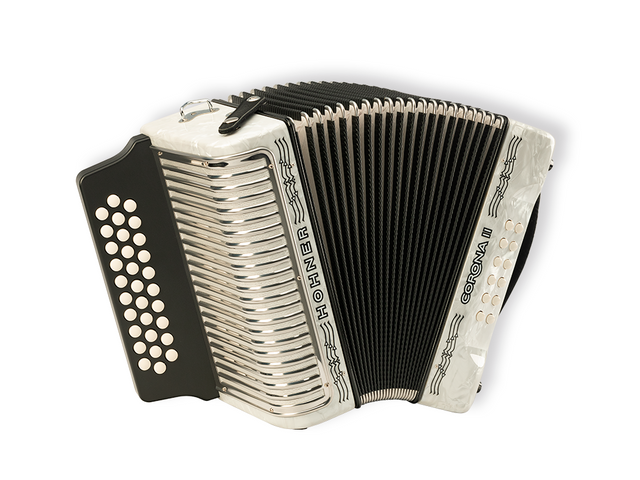 Acordeón Diatónico Hohner Corona II FA-SIB-MIB,31 Botones y 12 Bajos,Blanco con FUNDA(ANT.5642S)