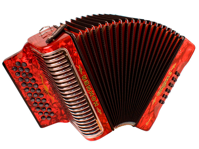 Acordeón Diatonico Hohner Corona II Xtreme, Sol-Do-Fa, 34 Botones y 12 Bajos, Rojo con Funda