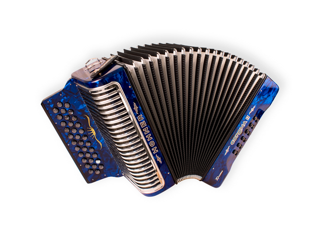 Acordeón Diatonico Hohner Corona II Xtreme, Fa-Sib-Mib, 34 Botones y 12 Bajos, Azul Marino con Fda