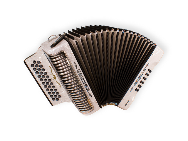 Acordeón Diatonico Hohner Corona II Xtreme, Fa-Sib-Mib, 34 Botones y 12 Bajos, Blanco con Funda
