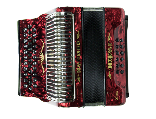 Acordeón Diatonico Hohner Corona II Xtreme, Fa-Sib-Mib, 34 Botones y 12 Bajos, Rojo con Funda