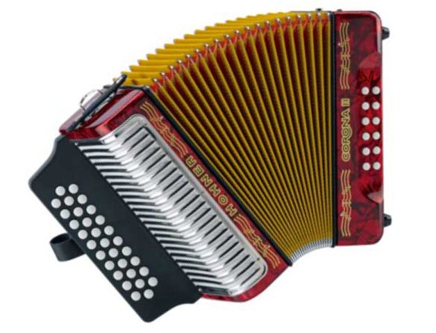 Acordeón Diatónico Hohner Corona II Classic Fa-Sib-Mib, 31 Botones y 12 Bajos, Rojo, con Funda