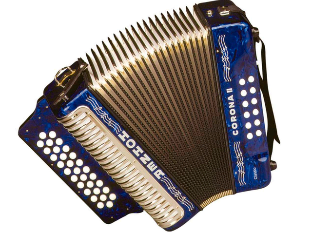 Acordeón Diatónico Hohner Corona II Sol-Do-Fa, 31 Botones y 12 Bajos, Azul Oscuro, con Funda