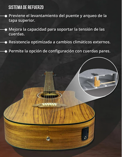Guitarra Electroacústica de 12 Cuerdas (docerola) Bamboo Madera Koa con Corte Incluye Bridge Doctor y Funda Acolchada