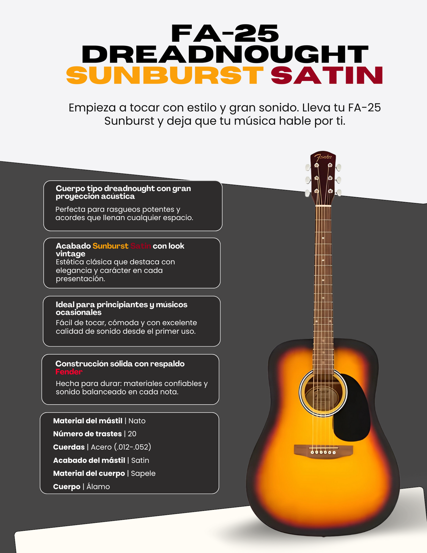Guitarra Acústica Fender FA-25 Dreadnought Sunburst Satinado