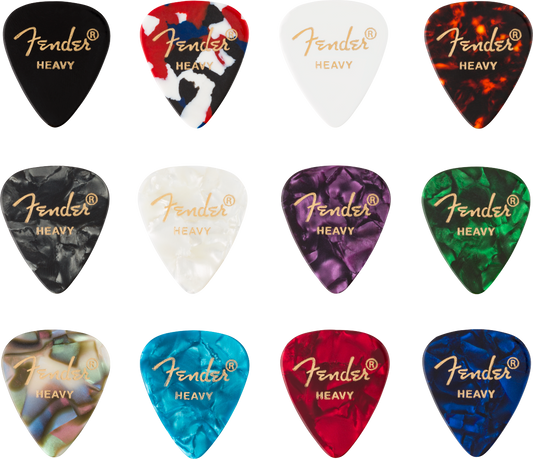 Púas para Guitarra Fender Paquete de 12 Pza Celluloid Heavy Colores