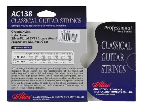 Juego de Cuerdas Guitarra Clásica Alice Nylon Plata Tensión Normal