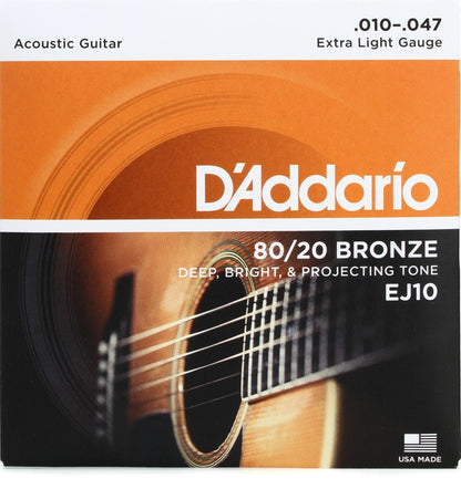 Encordadura D'Addario EJ-10 Guitarra Acústica Bronce 80/20 .010-.047